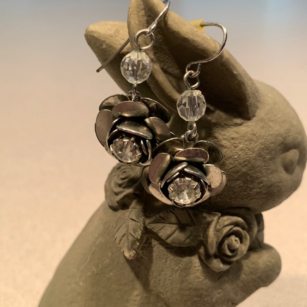 Silver Metal Rose With Rhinestone Center Pierced Earrings